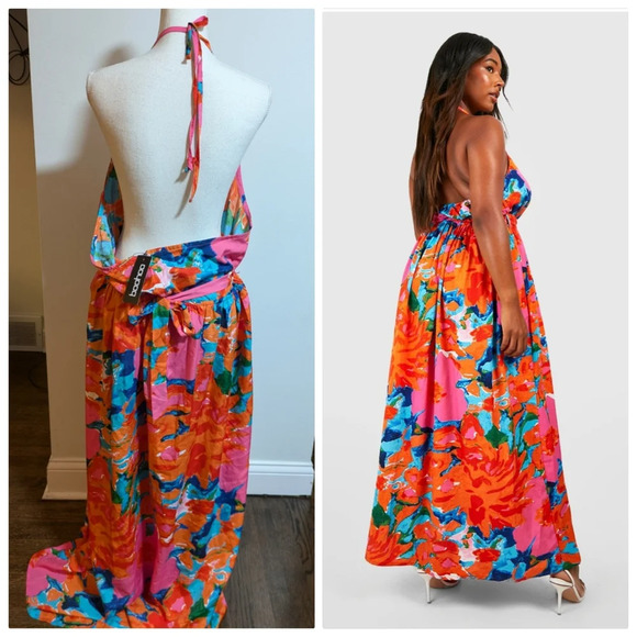 NWT Boohoo Bright Floral Floor Length Halter Dress Plus Size 18 - Picture 2 of 3